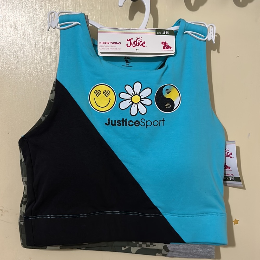 NWT Justice Girls Sports Bra 2 pack. Pullover, wireless, seamless. Multiple size